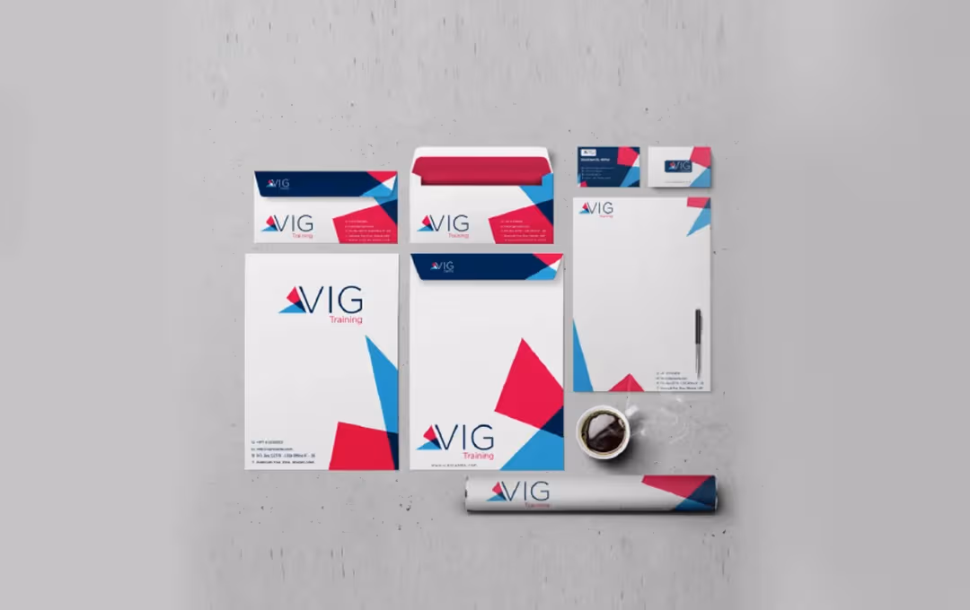Revitalizing VIG Training's brand identity with a cohesive visual system across office stationery and marketing collaterals
